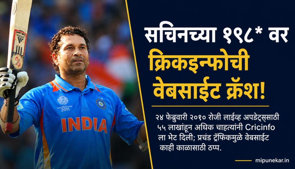 सचिन तेंडुलकर १९८ धावांवर फलंदाजी करत असताना ग्वाल्हेर येथे झालेल्या सामन्यात लाईव्ह अपडेट्ससाठी वाढलेल्या ट्रॅफिकमुळे Cricinfo वेबसाइट काही काळ ठप्प झाल्याचे दर्शविणारे चित्र.